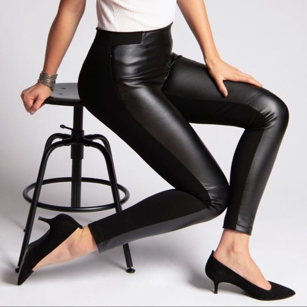 Betabrand LONG Jett Black Faux Vegan Leather Skinny Leg Pull On Career Leggings